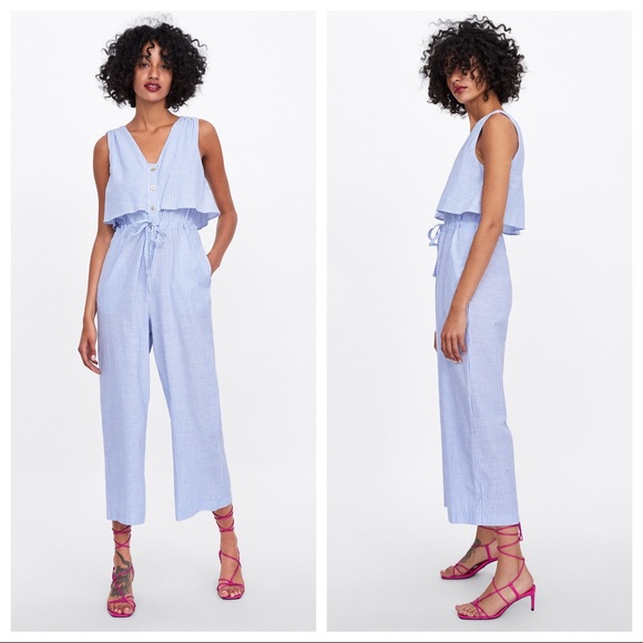 Zara Pants - NWT. Zara Blue/White Striped Jumpsuit. Size S.